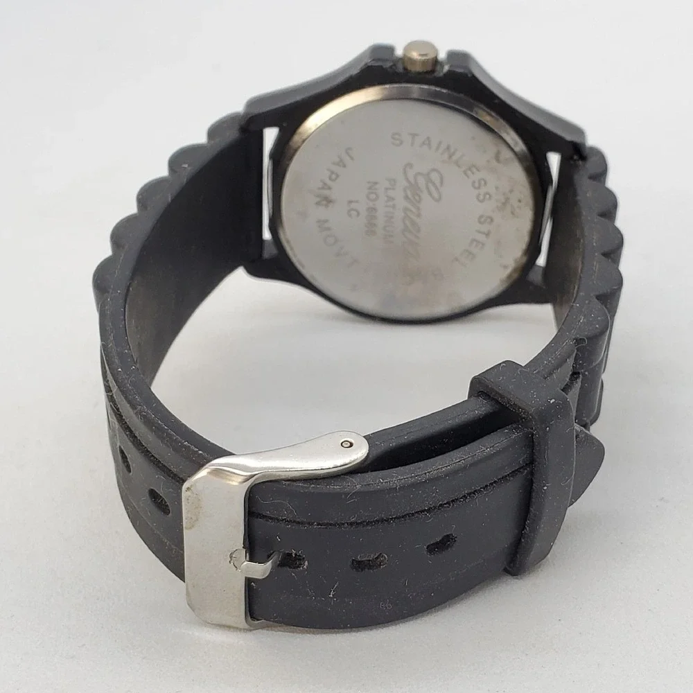 38MM Women Watch Black Dial Crystal Bezel Black Plastic‎ Band Straps New Battery